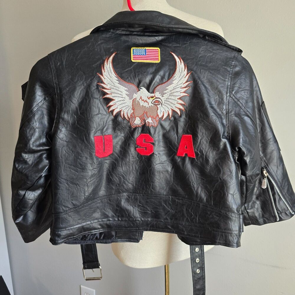 OUTDOOR HÁBITAT Kids  Biker Jacket Faux Leather Embroidery USA Eagle | Size 7T